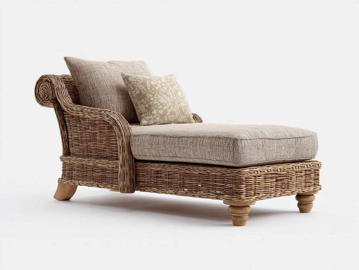 Bain de soleil - rotin-tissu-bois - 190 x 90 x 88 cm - marron-beige - style naturel vintage