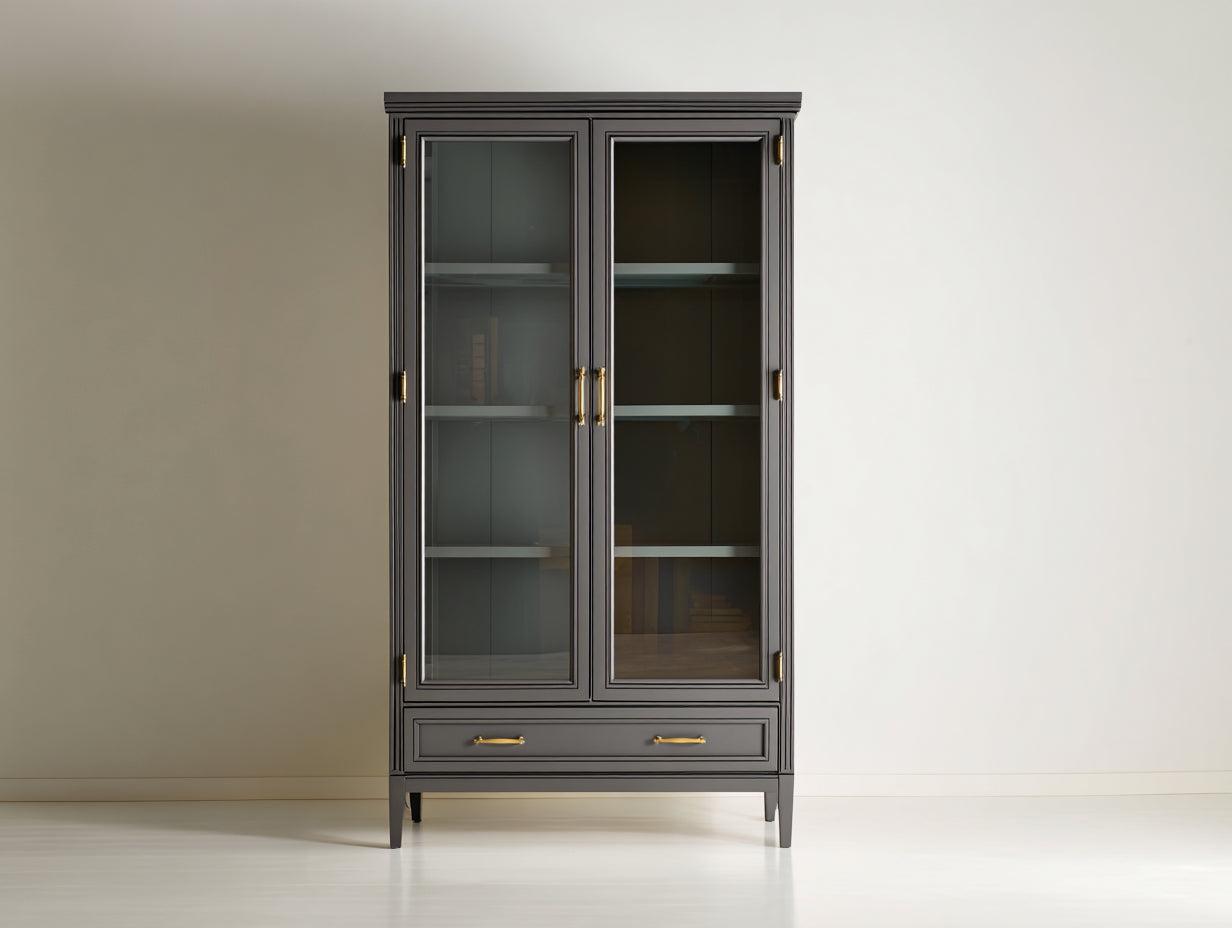 Vitrine - Bois-Verre-Métal - 95 x 42 x 190 cm - Gris anthracite - Style classique