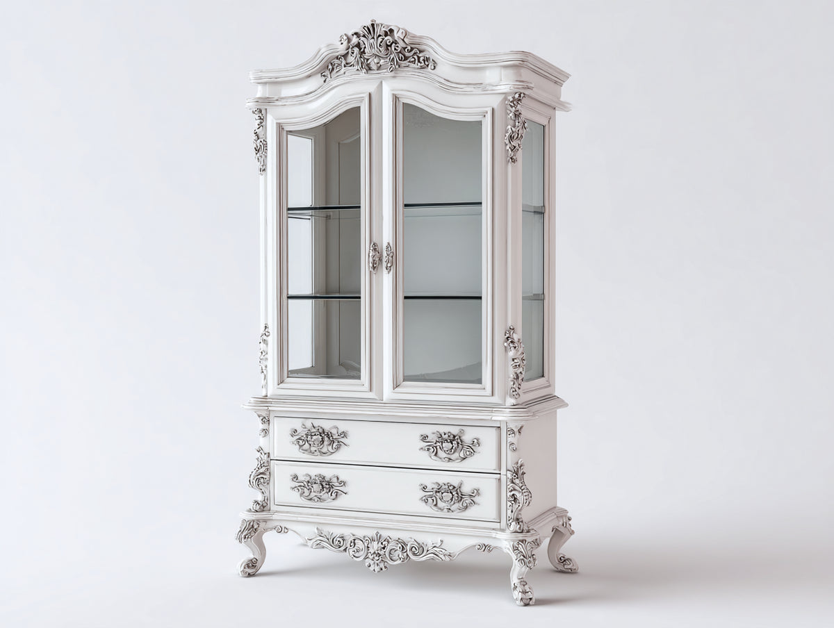 Vitrine - Bois-Verre-Métal - 110 x 50 x 195 cm - Blanc - Style baroque