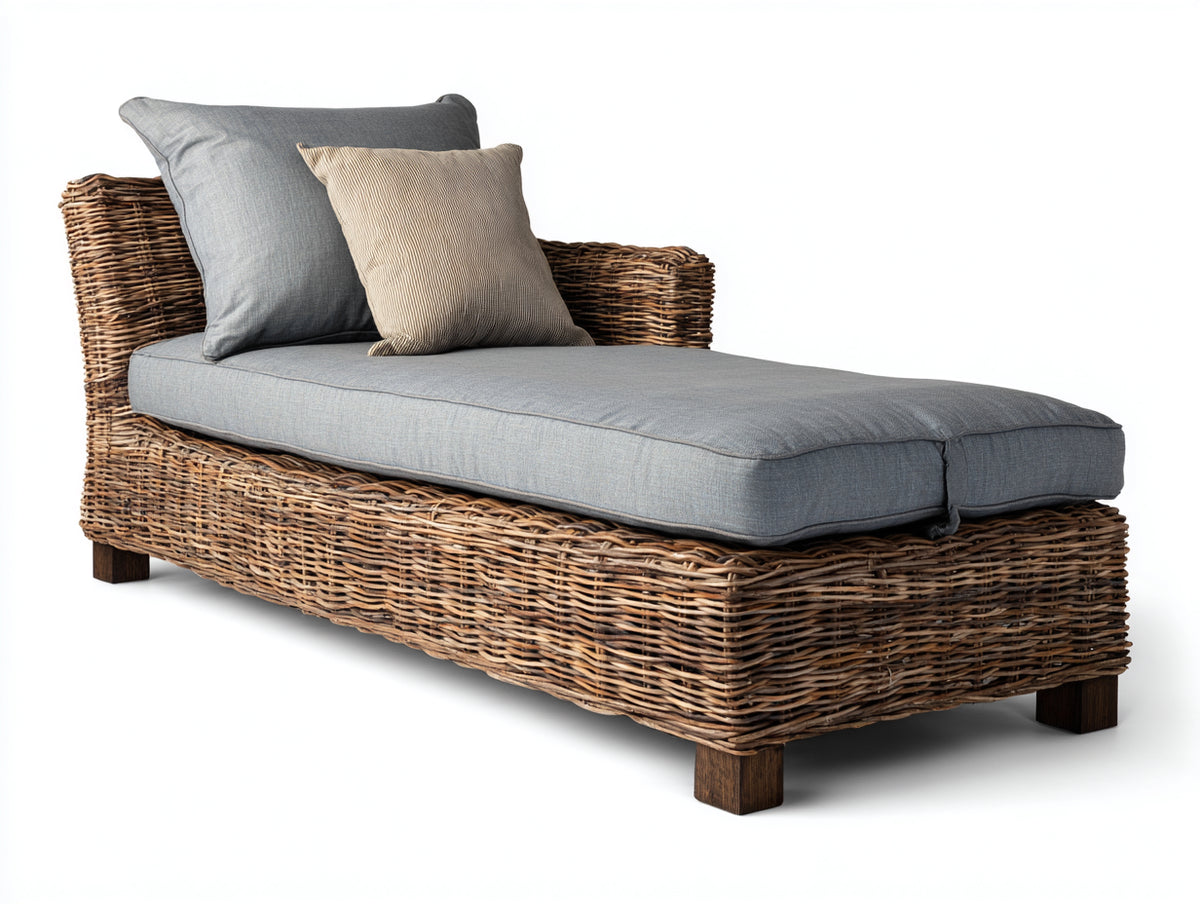 Bain de soleil - rotin-tissu-bois - 200 x 100 x 85 cm - marron-gris - style naturel