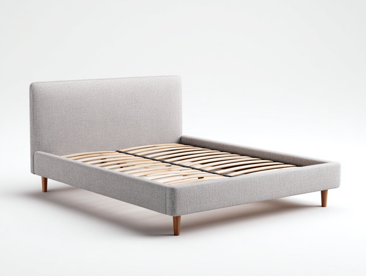 Lit double - Bois-tissu-mousse - 220 x 180 x 110 cm - Gris clair - Style scandinave minimaliste