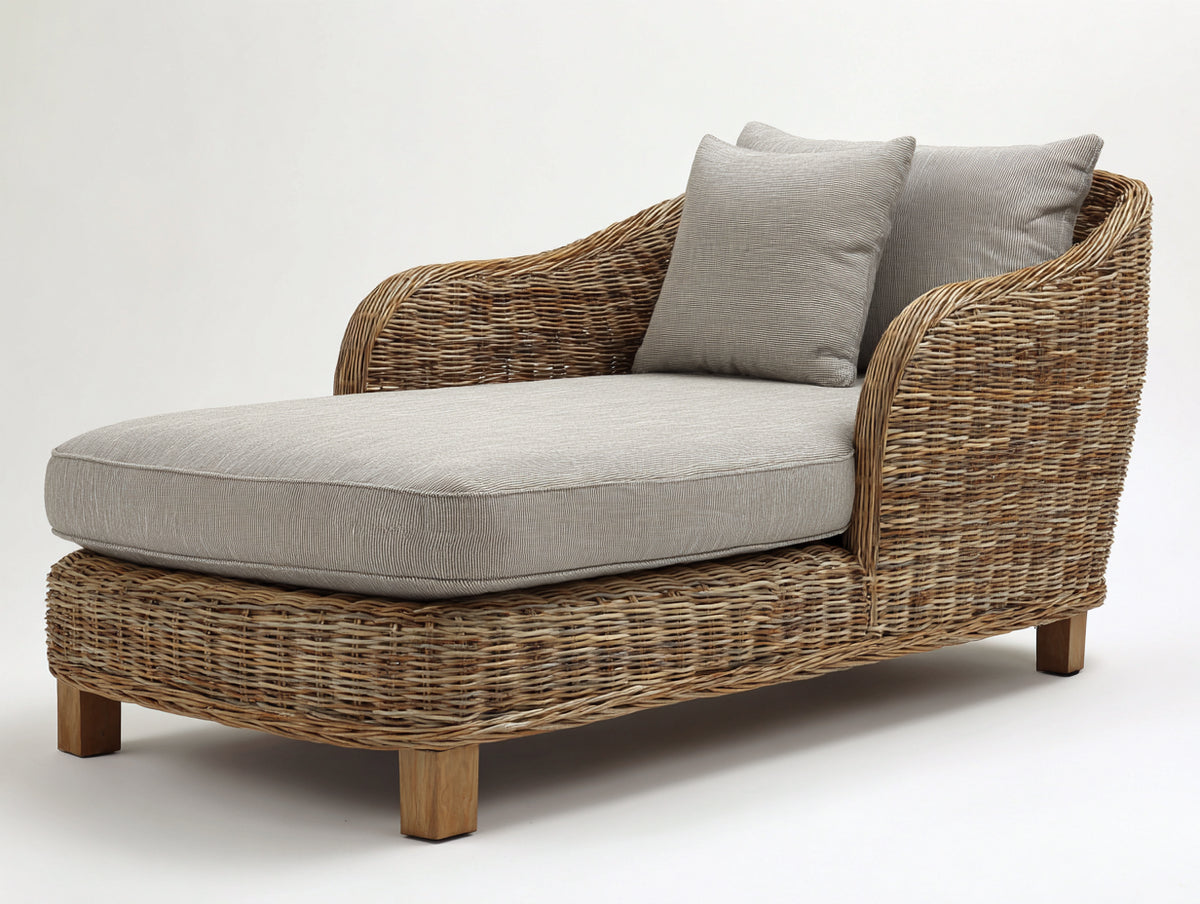 Bain de soleil - rotin-tissu-bois - 180 x 95 x 85 cm - marron-gris clair - style naturel