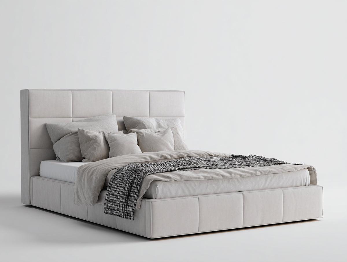 Lit double - Bois-tissu-mousse - 218 x 190 x 126 cm - Blanc cassé - Style contemporain rembourré