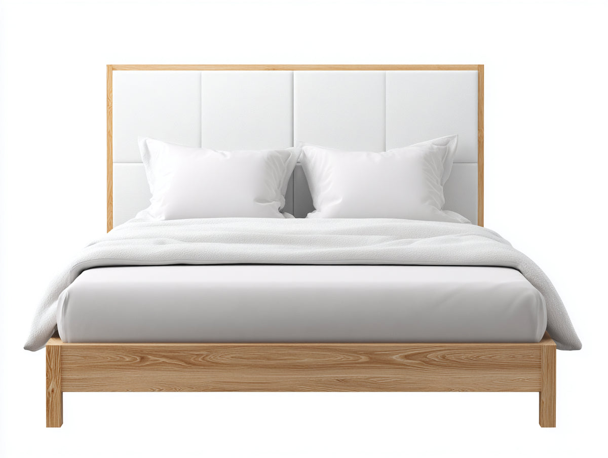 Lit double - Bois-tissu-mousse - 210 x 170 x 120 cm - Bois naturel-Blanc - Style scandinave moderne