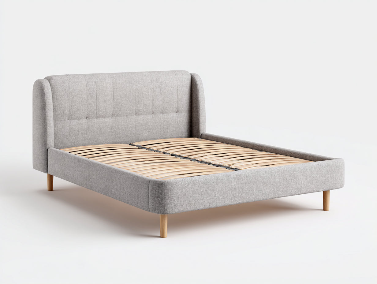 Lit double - Bois-tissu-mousse - 220 x 185 x 120 cm - Gris clair - Style scandinave moderne