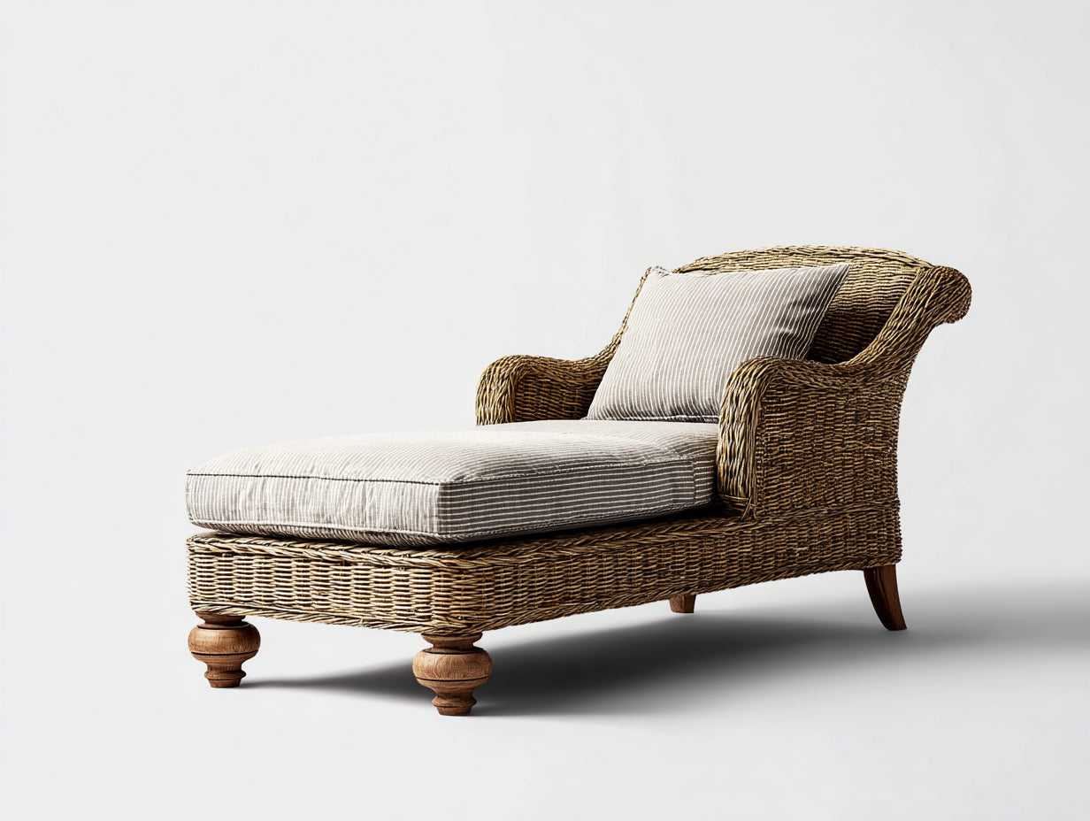 Bain de soleil - rotin-tissu-bois - 195 x 90 x 90 cm - marron-gris clair - style naturel classique