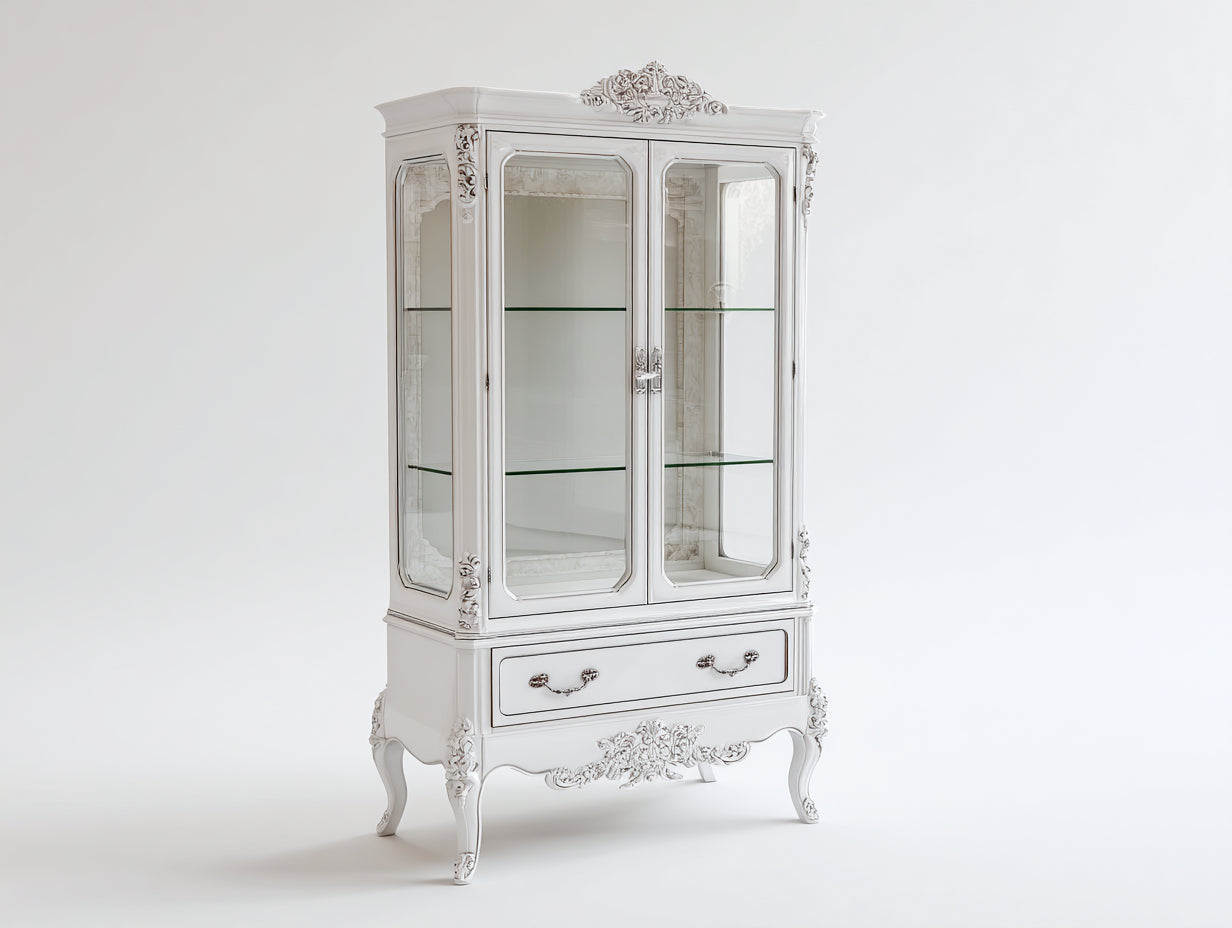 Vitrine - Bois-Verre-Métal - 105 x 45 x 195 cm - Blanc - Style baroque