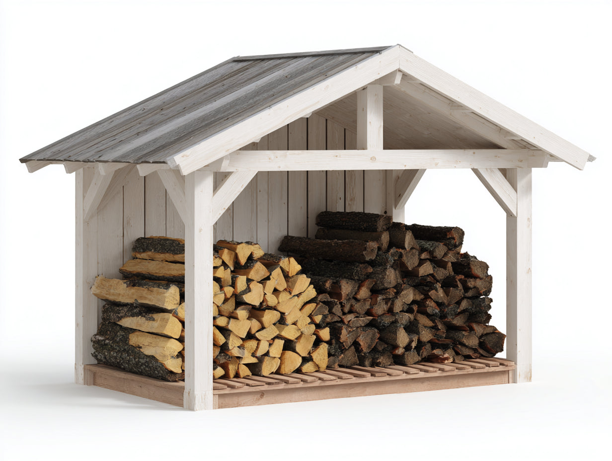 Abri à bûches - Bois - 240 x 100 x 180 cm - Blanc-Gris - Style rustique
