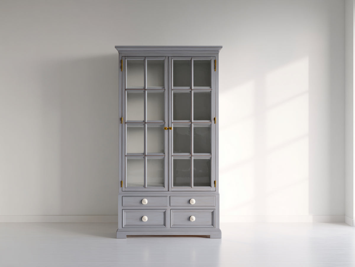 Vitrine - Bois-Verre - 100 x 45 x 195 cm - Gris clair - Style classique