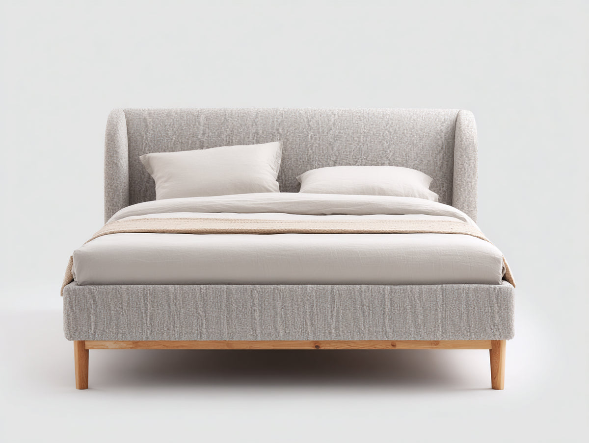 Lit double - Bois-tissu-mousse - 220 x 190 x 118 cm - Gris beige - Style scandinave moderne