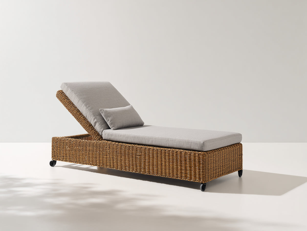 Bain de soleil - rotin-tissu - 200 x 95 x 78 cm - marron-gris clair - style naturel moderne